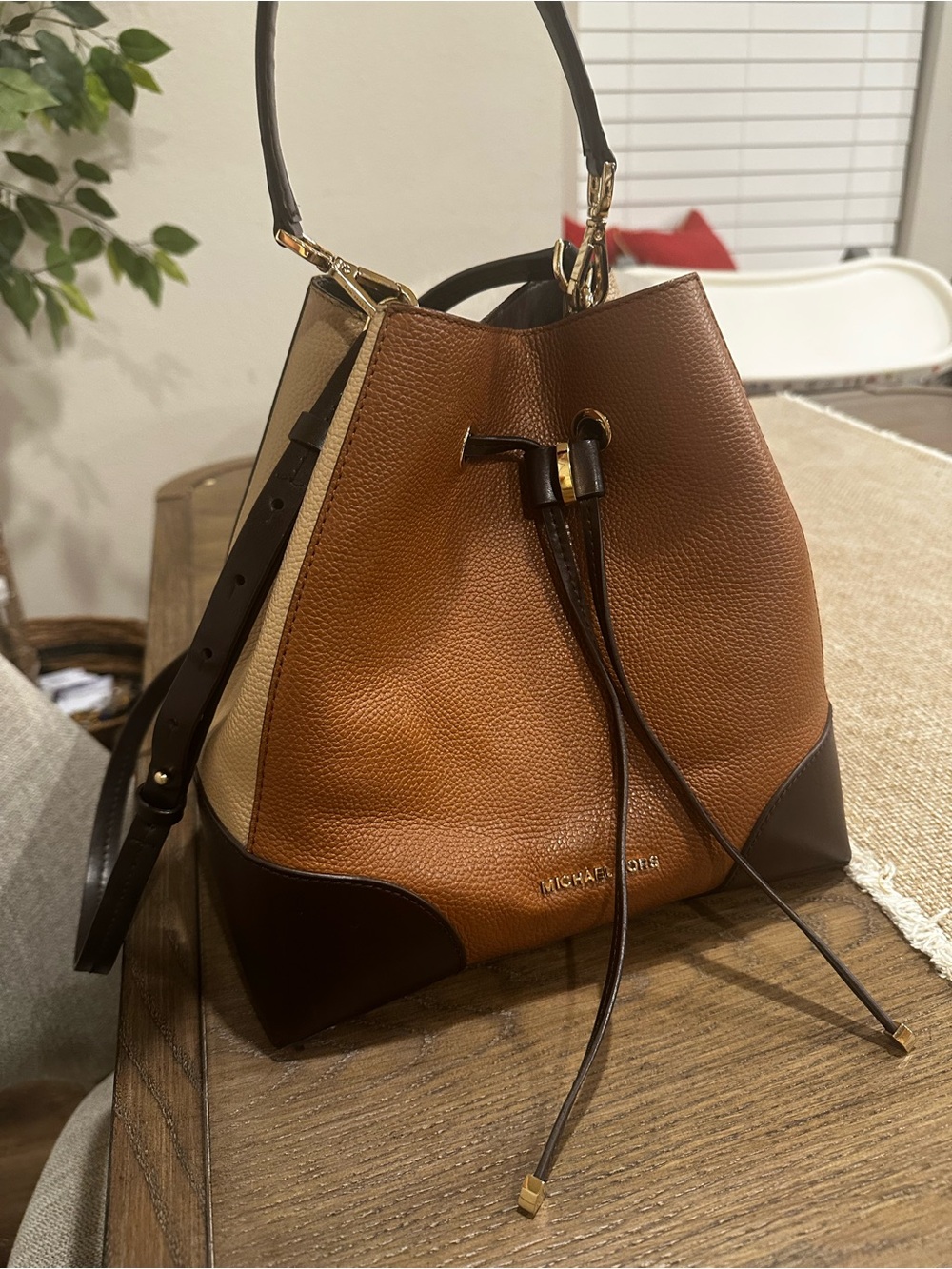 Michael Kors Brown and Tan Pebbled Leather Drawstring Shoulder Bag - Picture 2 of 16